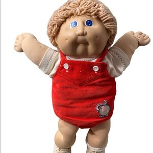 1982 Cabbage Patch Kid 16” Boy Looped yarn Tan Hair, Blue Eyes, Red Overalls CPK